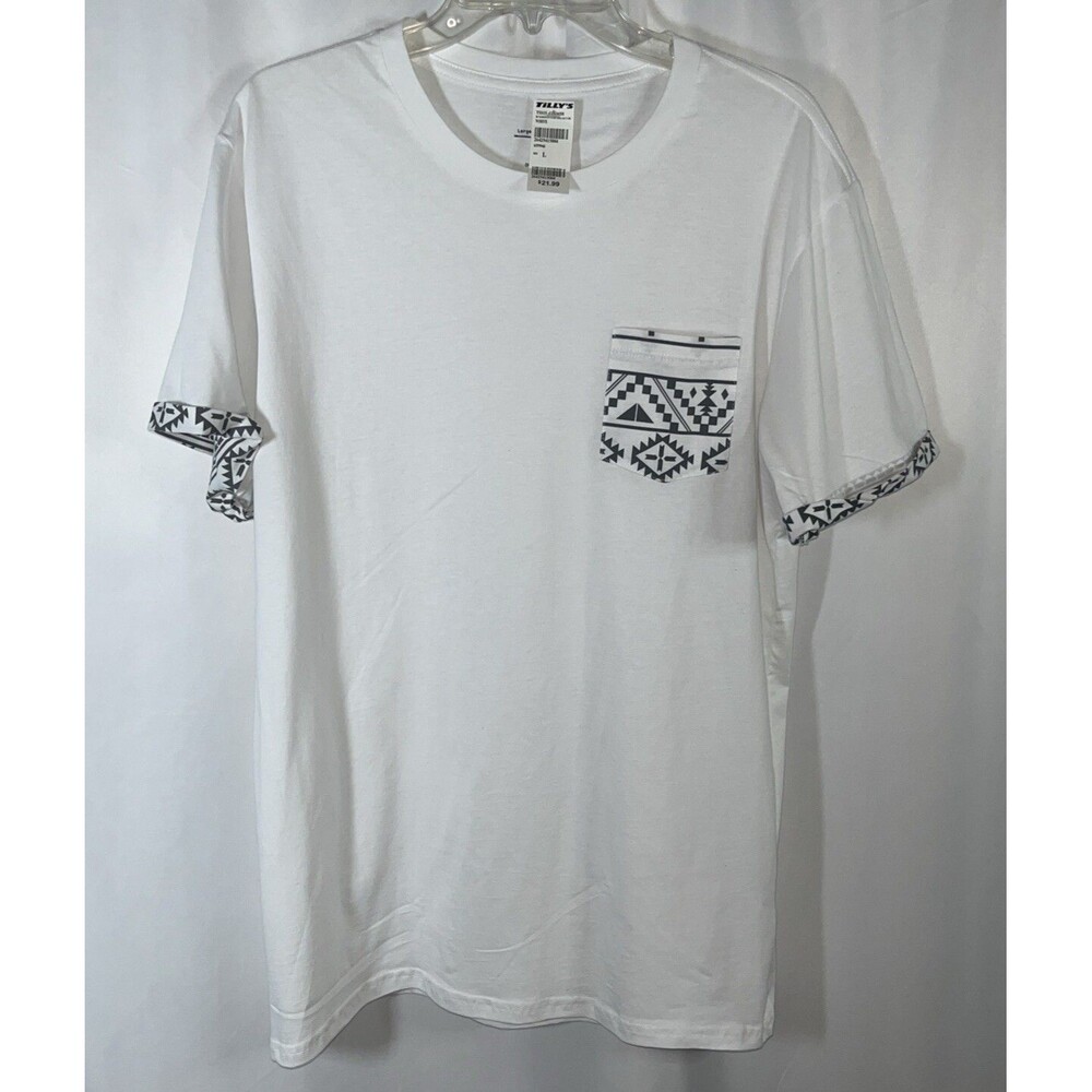 Blue Crown Tilly’s Men’s White T-shirt Aztec Tribal Inspired Large Pocket